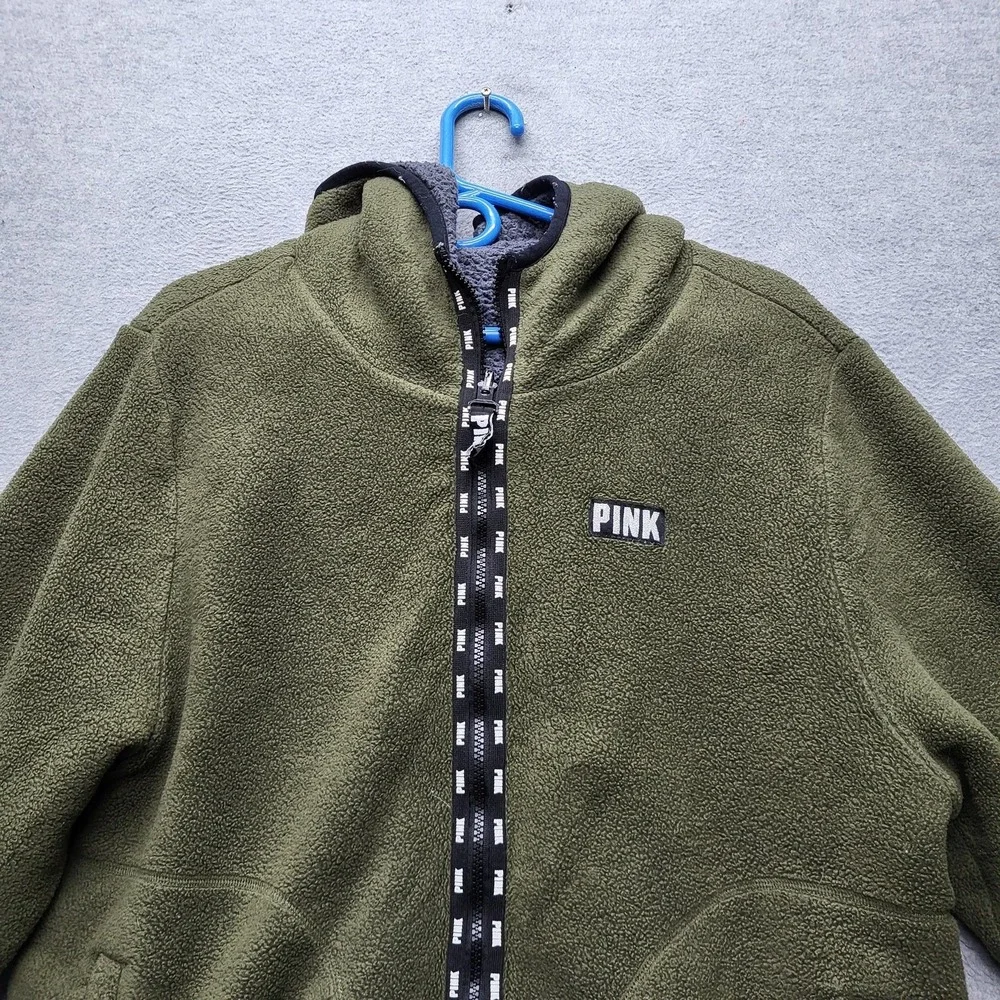 PINK Victoria's Secret‎ Women Jacket L Olive Green Fleece Reversible